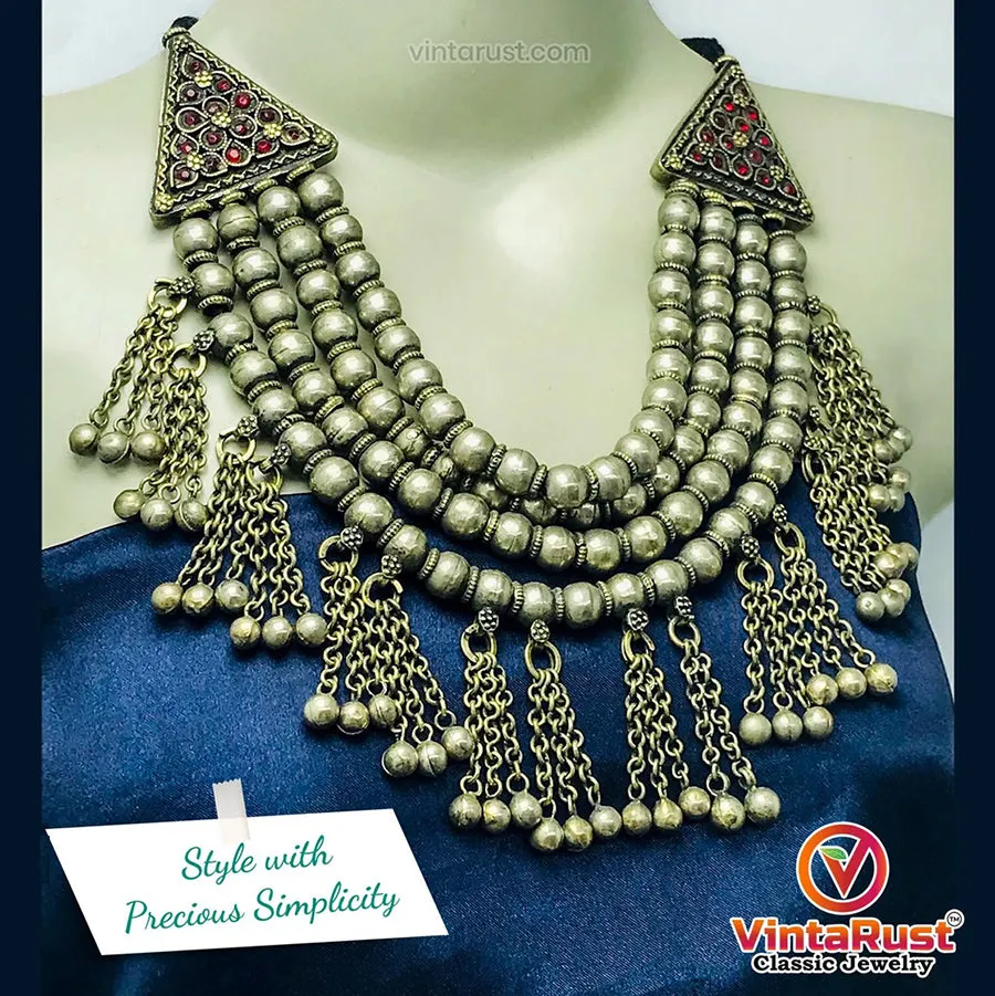 Multilayers Silver Metallic Beaded Choker Necklace