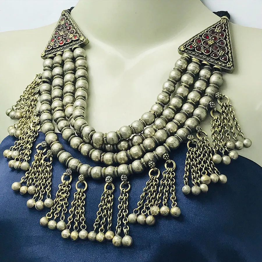 Multilayers Silver Metallic Beaded Choker Necklace