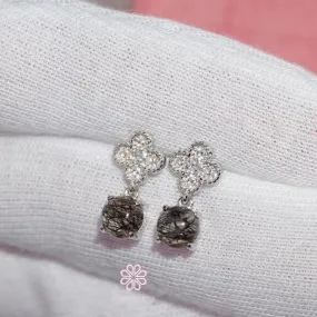 Natural Black Rutilated Quartz Stud Earrings Sterling Silver925.
