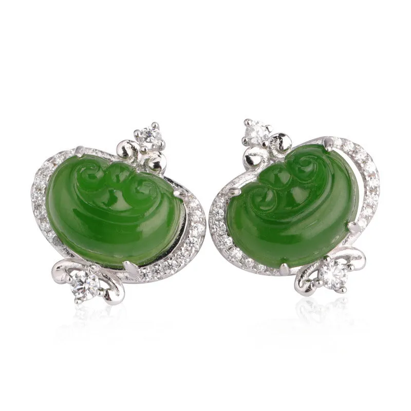 Natural Jade Earrings Nephrite Silver Zircon Ruyi Earrings ZEG523