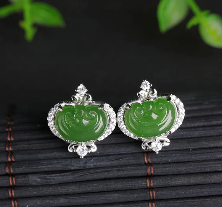 Natural Jade Earrings Nephrite Silver Zircon Ruyi Earrings ZEG523
