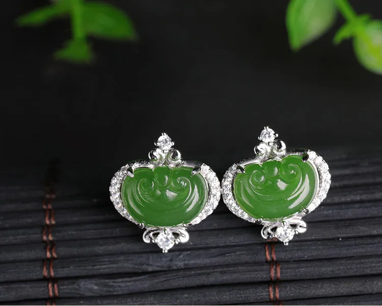 Natural Jade Earrings Nephrite Silver Zircon Ruyi Earrings ZEG523