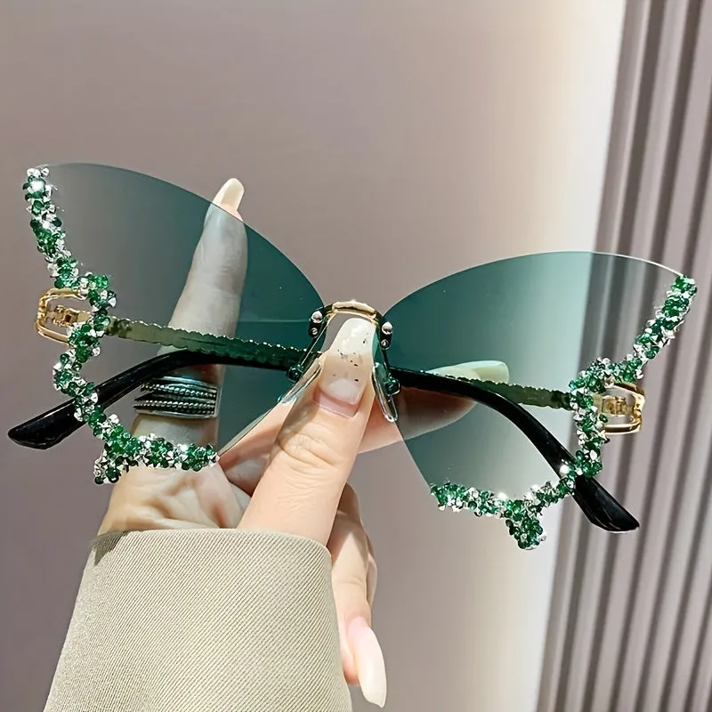New Butterfly Rhinestone Rimless Sunglasses Fashionable and Exaggerated