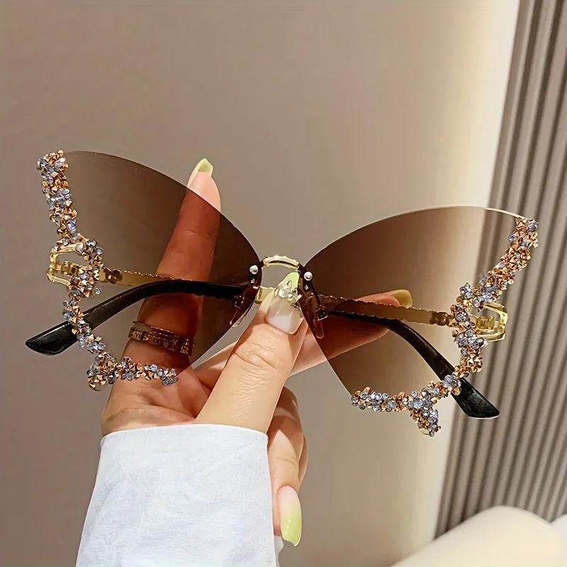 New Butterfly Rhinestone Rimless Sunglasses Fashionable and Exaggerated