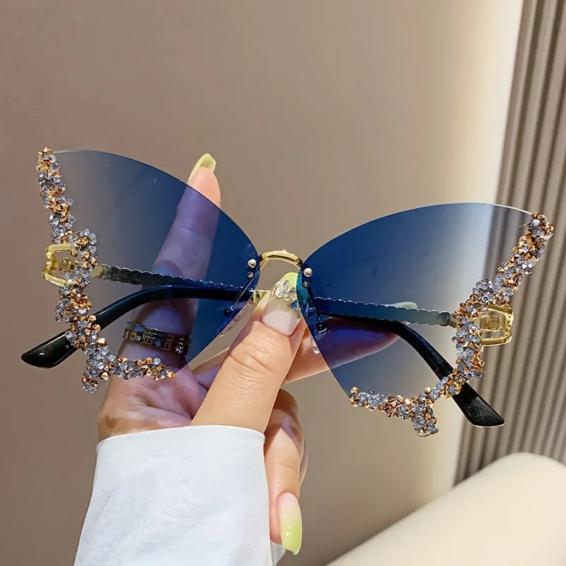 New Butterfly Rhinestone Rimless Sunglasses Fashionable and Exaggerated