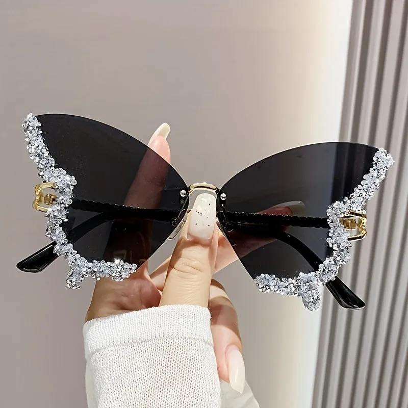 New Butterfly Rhinestone Rimless Sunglasses Fashionable and Exaggerated