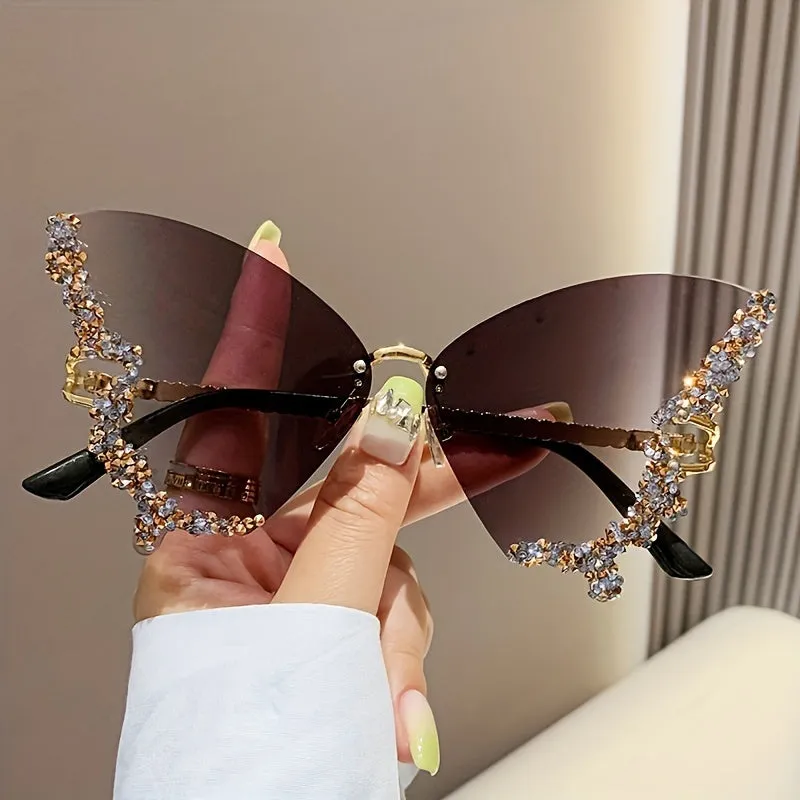 New Butterfly Rhinestone Rimless Sunglasses Fashionable and Exaggerated