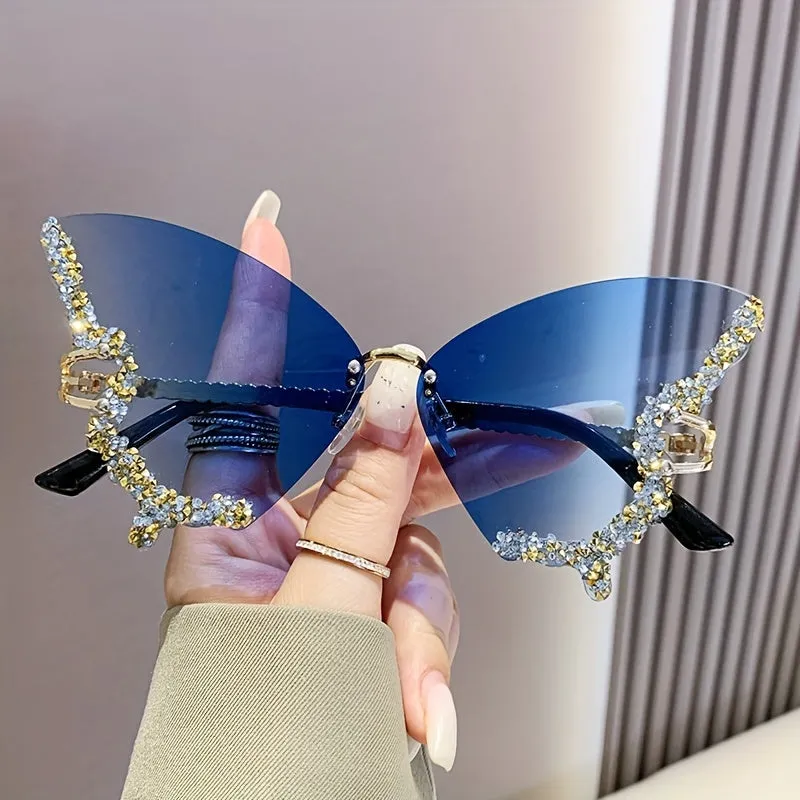 New Butterfly Rhinestone Rimless Sunglasses Fashionable and Exaggerated