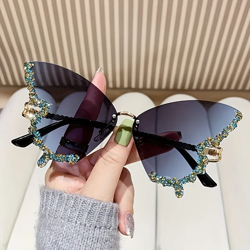 New Butterfly Rhinestone Rimless Sunglasses Fashionable and Exaggerated