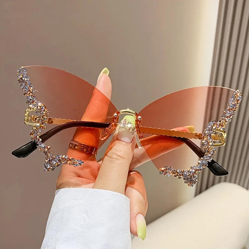 New Butterfly Rhinestone Rimless Sunglasses Fashionable and Exaggerated