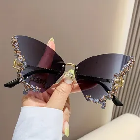 New Butterfly Rhinestone Rimless Sunglasses Fashionable and Exaggerated