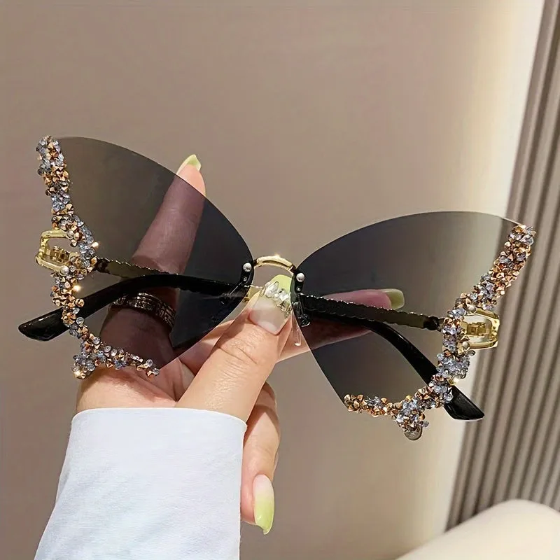 New Butterfly Rhinestone Rimless Sunglasses Fashionable and Exaggerated
