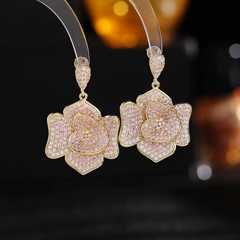 New Fashion Flower Earrings Cubic Zircon Stereoscopic Camellia Earrings  Women Wedding, Birthday Party Jewelry LYC171