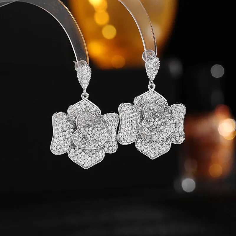 New Fashion Flower Earrings Cubic Zircon Stereoscopic Camellia Earrings  Women Wedding, Birthday Party Jewelry LYC171