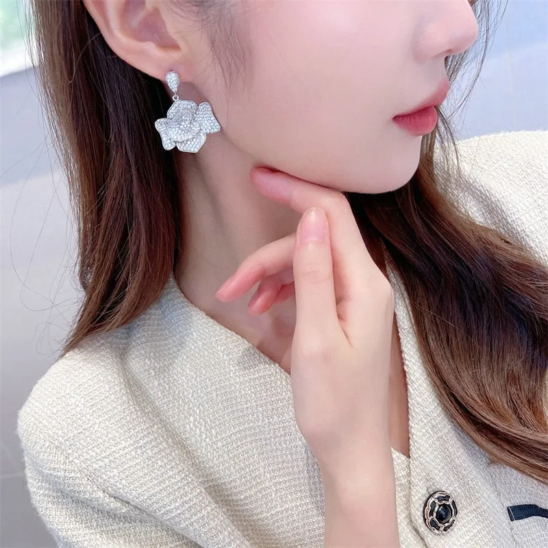 New Fashion Flower Earrings Cubic Zircon Stereoscopic Camellia Earrings  Women Wedding, Birthday Party Jewelry LYC171