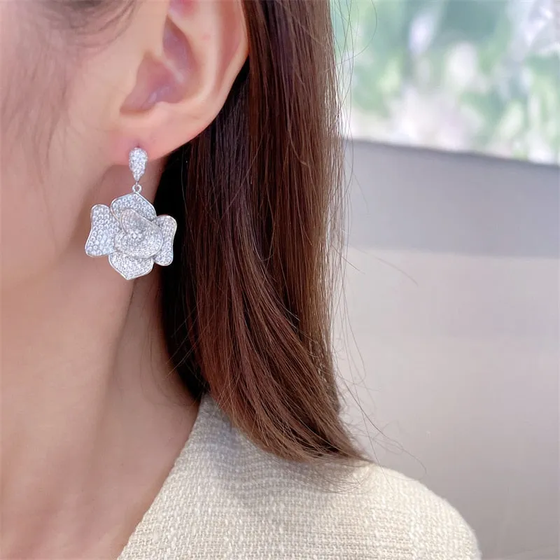 New Fashion Flower Earrings Cubic Zircon Stereoscopic Camellia Earrings  Women Wedding, Birthday Party Jewelry LYC171