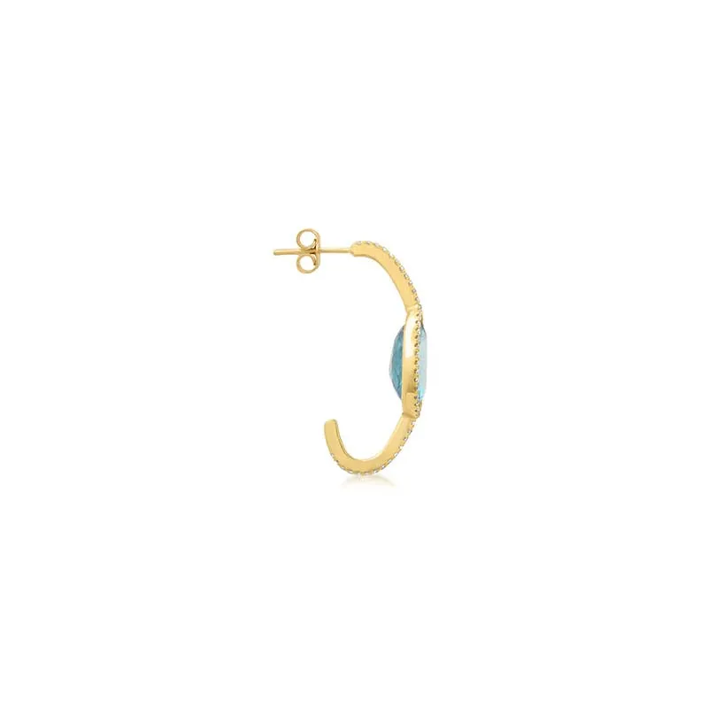 One-Of-A-Kind Small Diamond Elongated Edith Hoops with Blue Zircon Teardrop