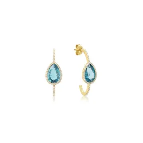 One-Of-A-Kind Small Diamond Elongated Edith Hoops with Blue Zircon Teardrop