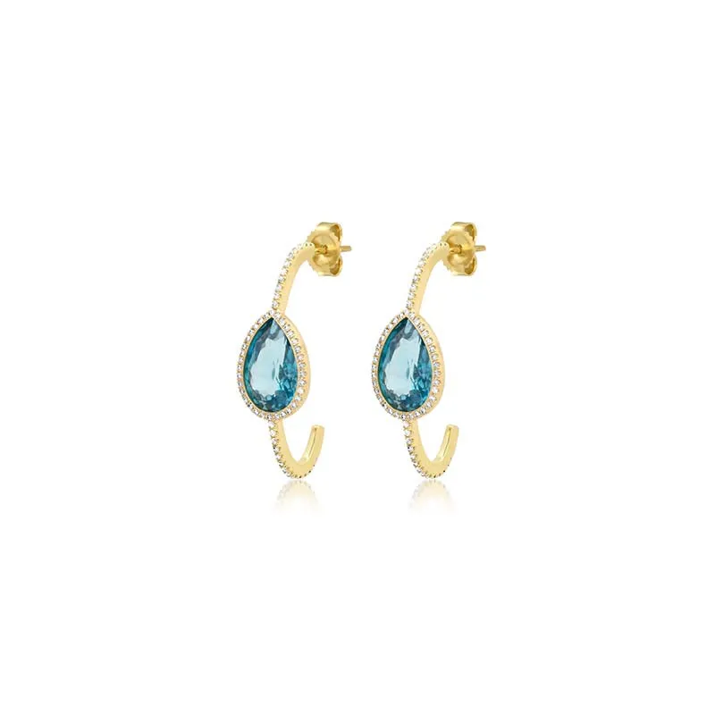 One-Of-A-Kind Small Diamond Elongated Edith Hoops with Blue Zircon Teardrop
