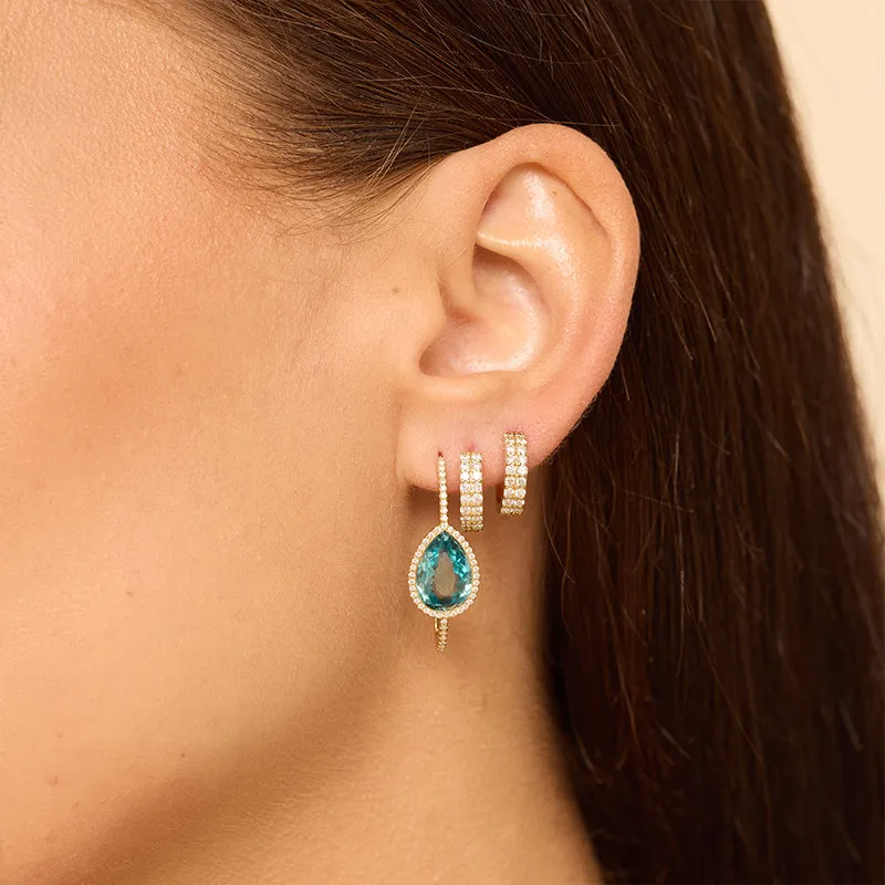 One-Of-A-Kind Small Diamond Elongated Edith Hoops with Blue Zircon Teardrop