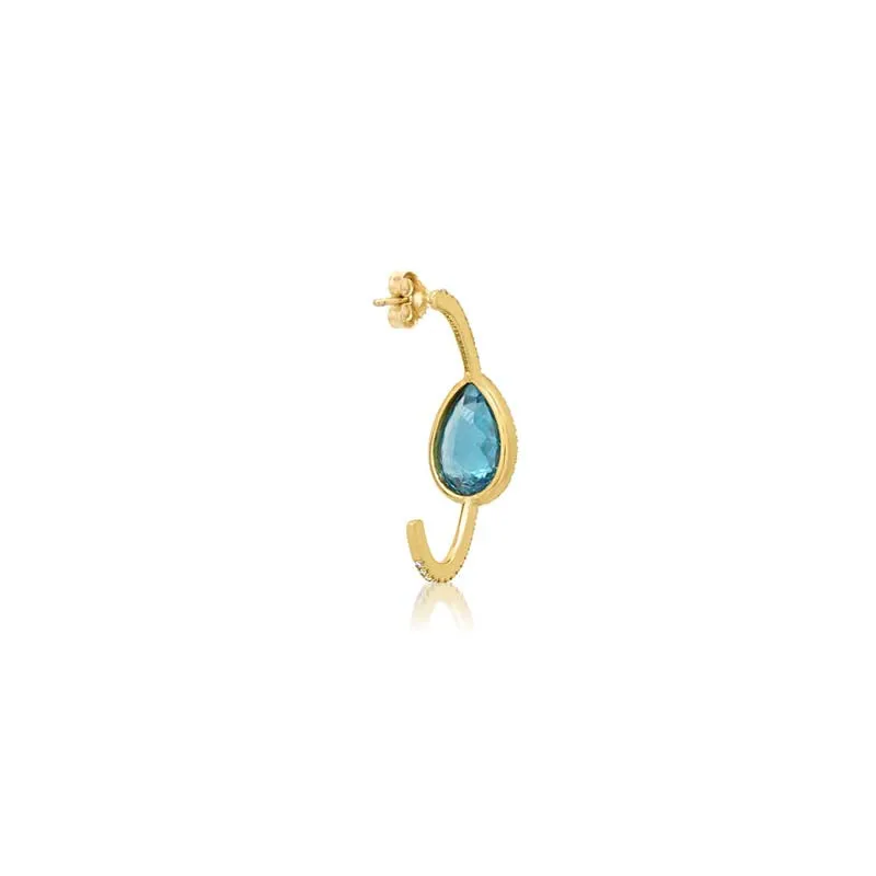 One-Of-A-Kind Small Diamond Elongated Edith Hoops with Blue Zircon Teardrop