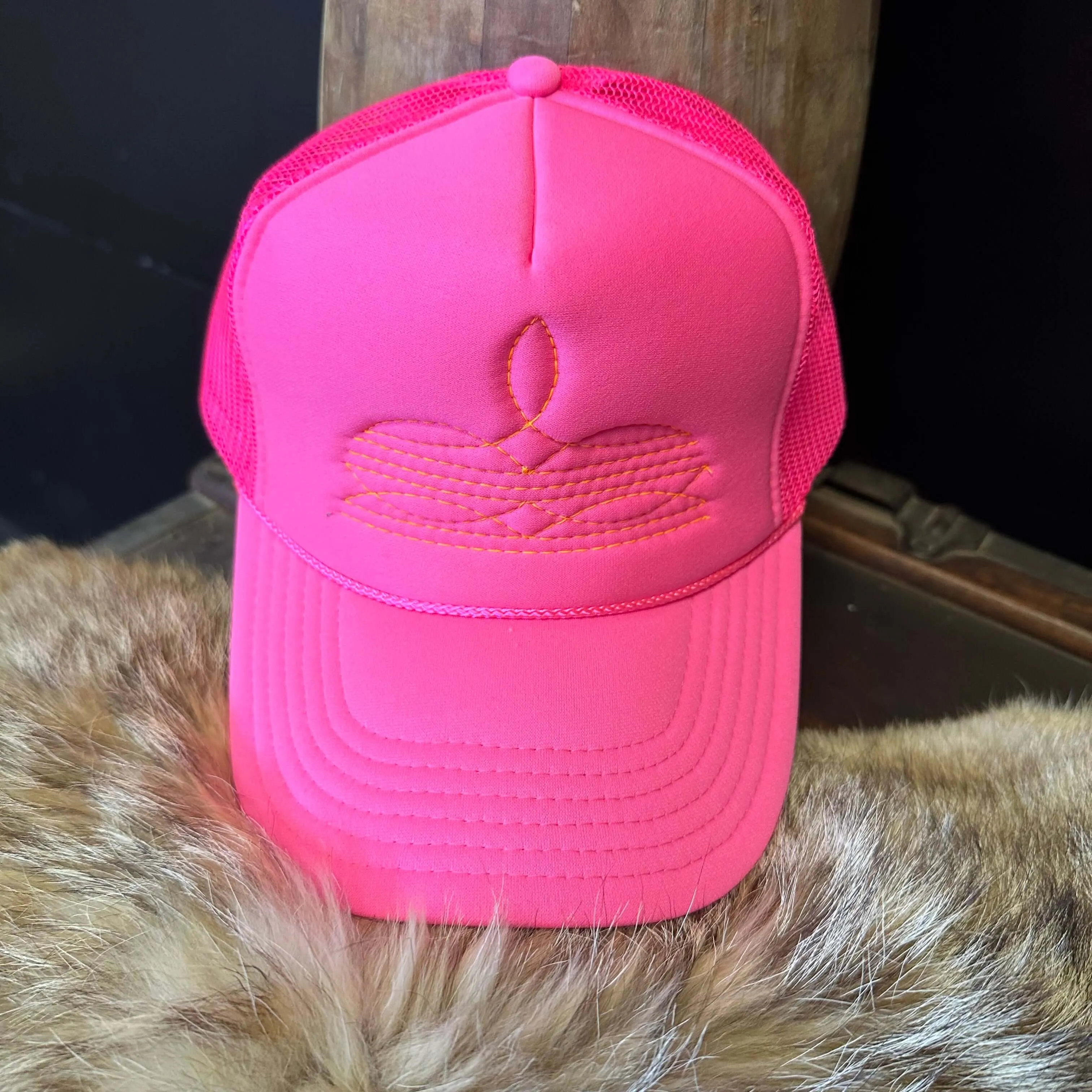 Orange on Hot Pink Boot Stitch Trucker Hat