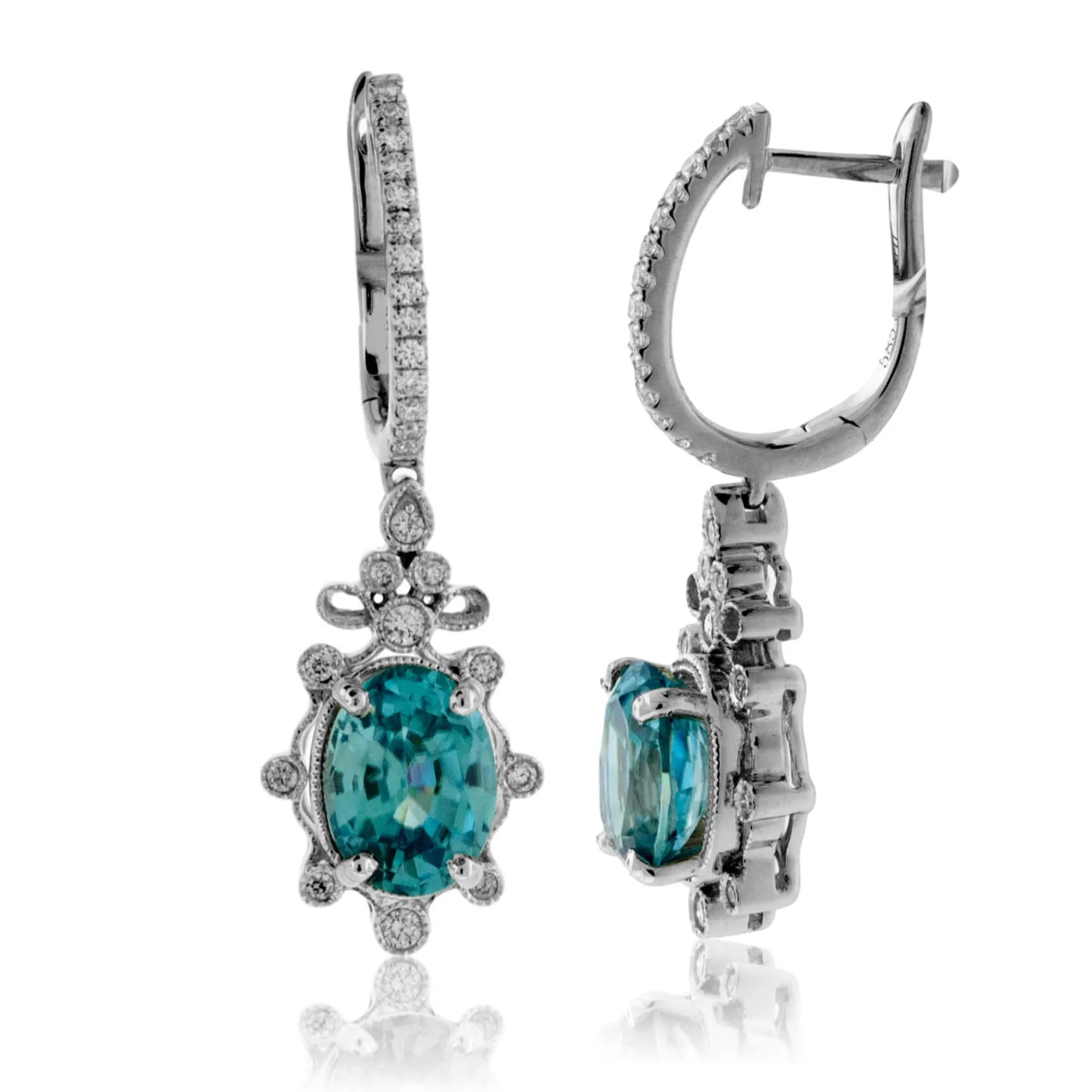 Oval Blue Zircon & Diamond Milgrain Dangle Earrings