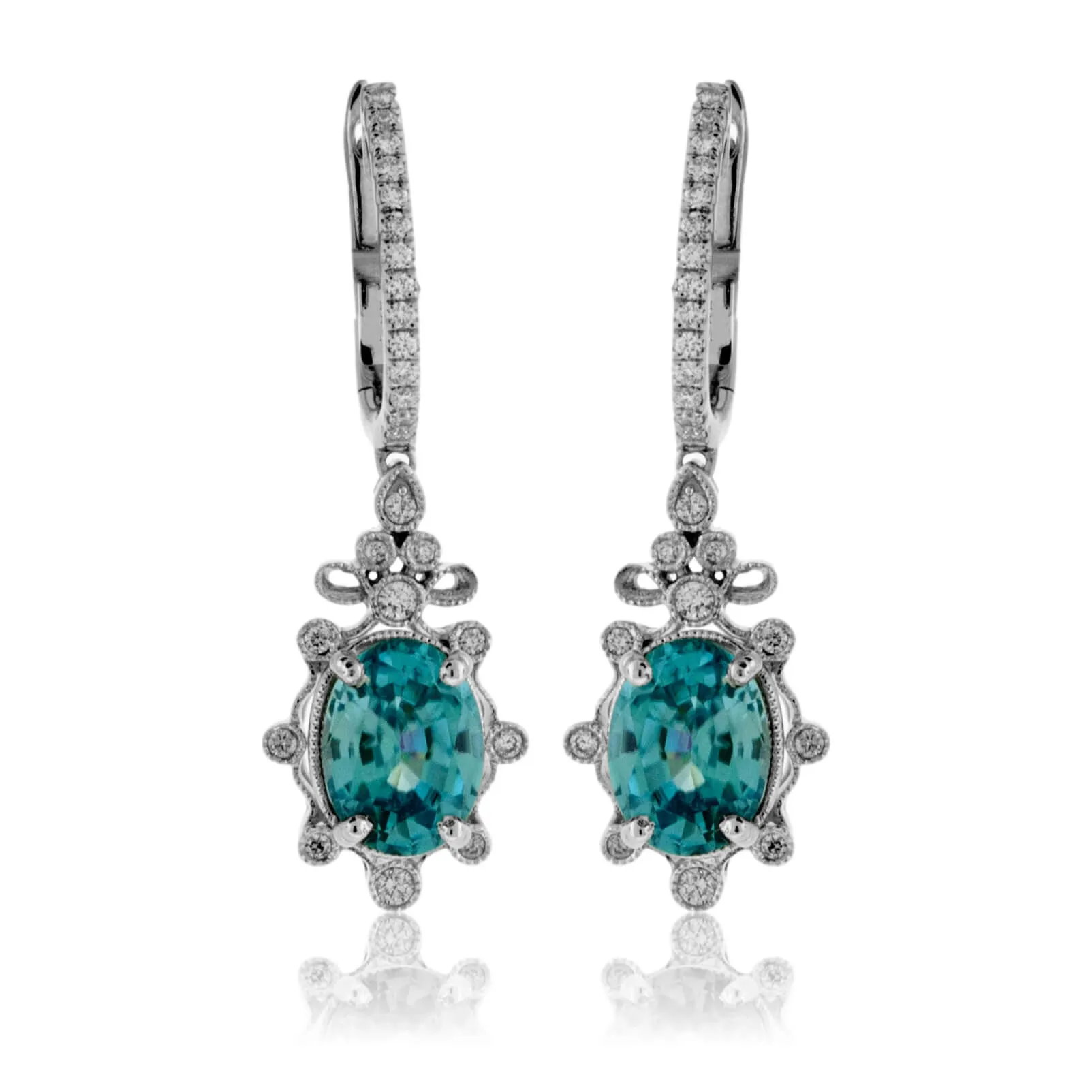 Oval Blue Zircon & Diamond Milgrain Dangle Earrings