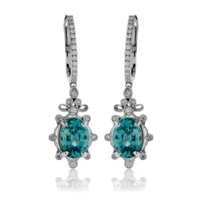 Oval Blue Zircon & Diamond Milgrain Dangle Earrings