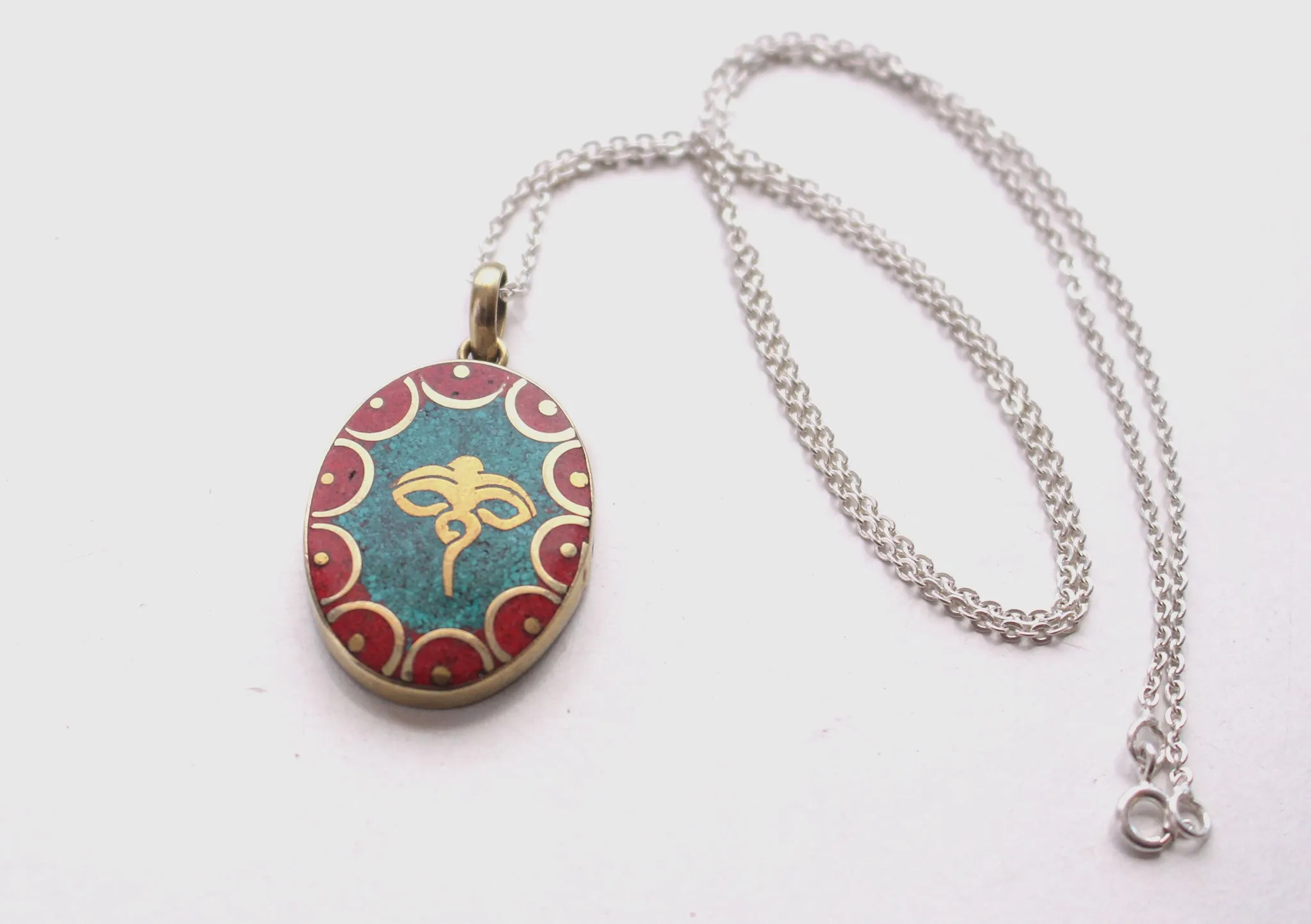 Oval Tibetan Kalachakra, Om and Buddha Eyes Pendant