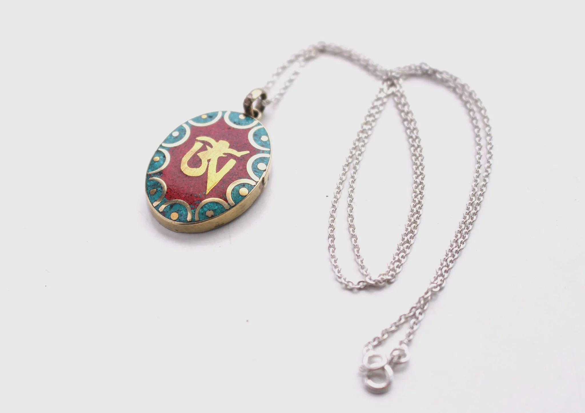 Oval Tibetan Kalachakra, Om and Buddha Eyes Pendant
