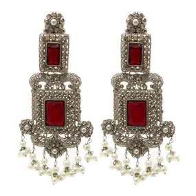 Pakistani Ethnic Silver Plated Red Dangle Victorian Fashion Earrings with Tiny Pearl Clusters Zircon and Pearl Hair Chain - Duel On Jewel