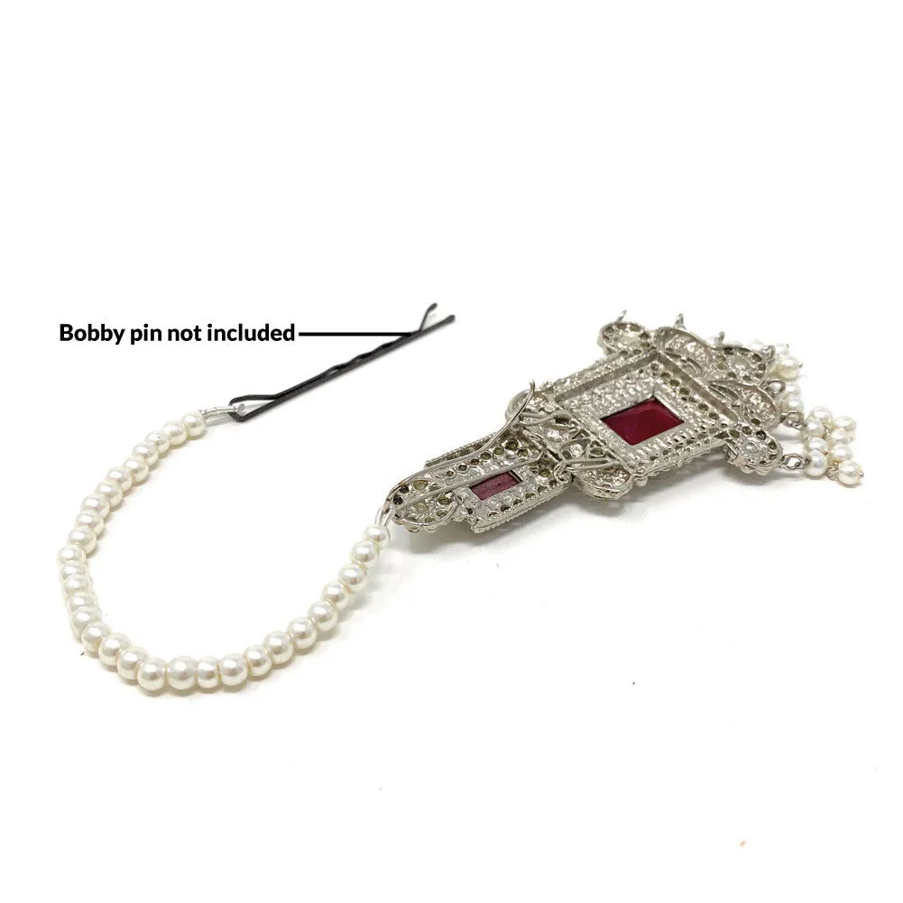 Pakistani Ethnic Silver Plated Red Dangle Victorian Fashion Earrings with Tiny Pearl Clusters Zircon and Pearl Hair Chain - Duel On Jewel