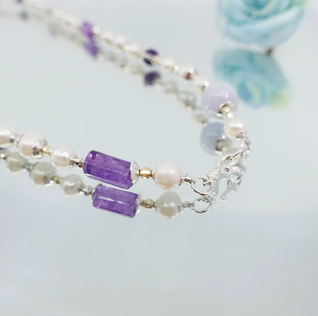 Pearl Necklace with Purple Gemstones