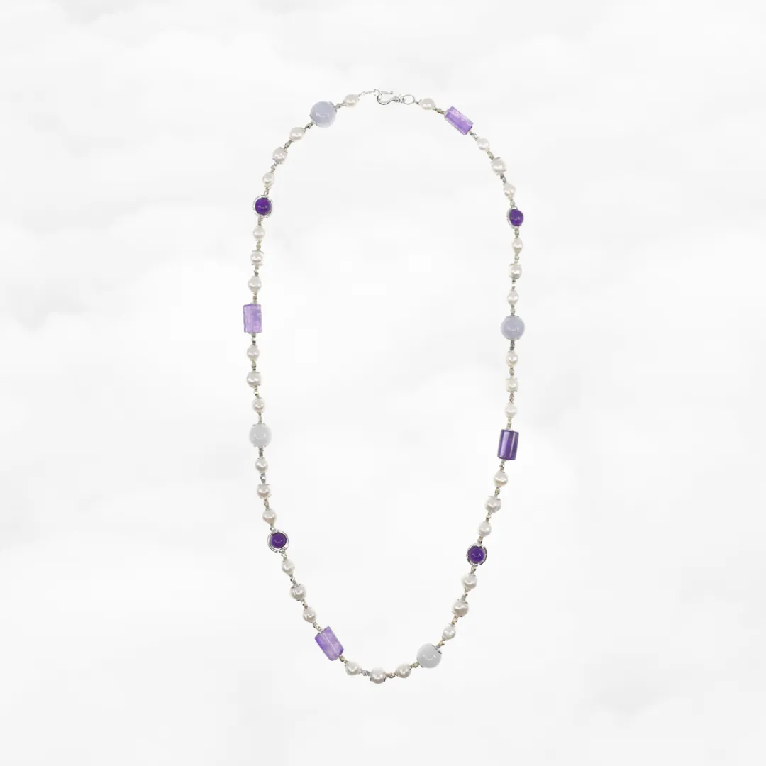 Pearl Necklace with Purple Gemstones