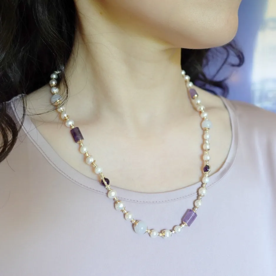 Pearl Necklace with Purple Gemstones