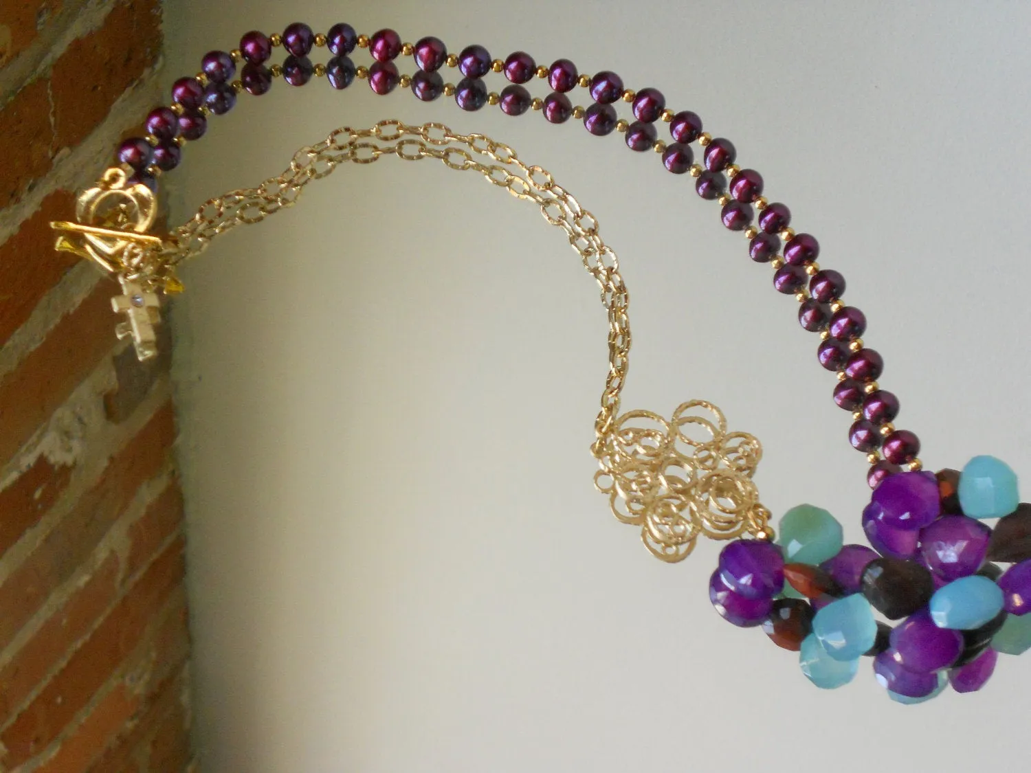 Peruvian Blue Chalcedony and Mystic Amethyst Chalcedony Freshwater Pearl Necklace, Grapes & Grace Dujour