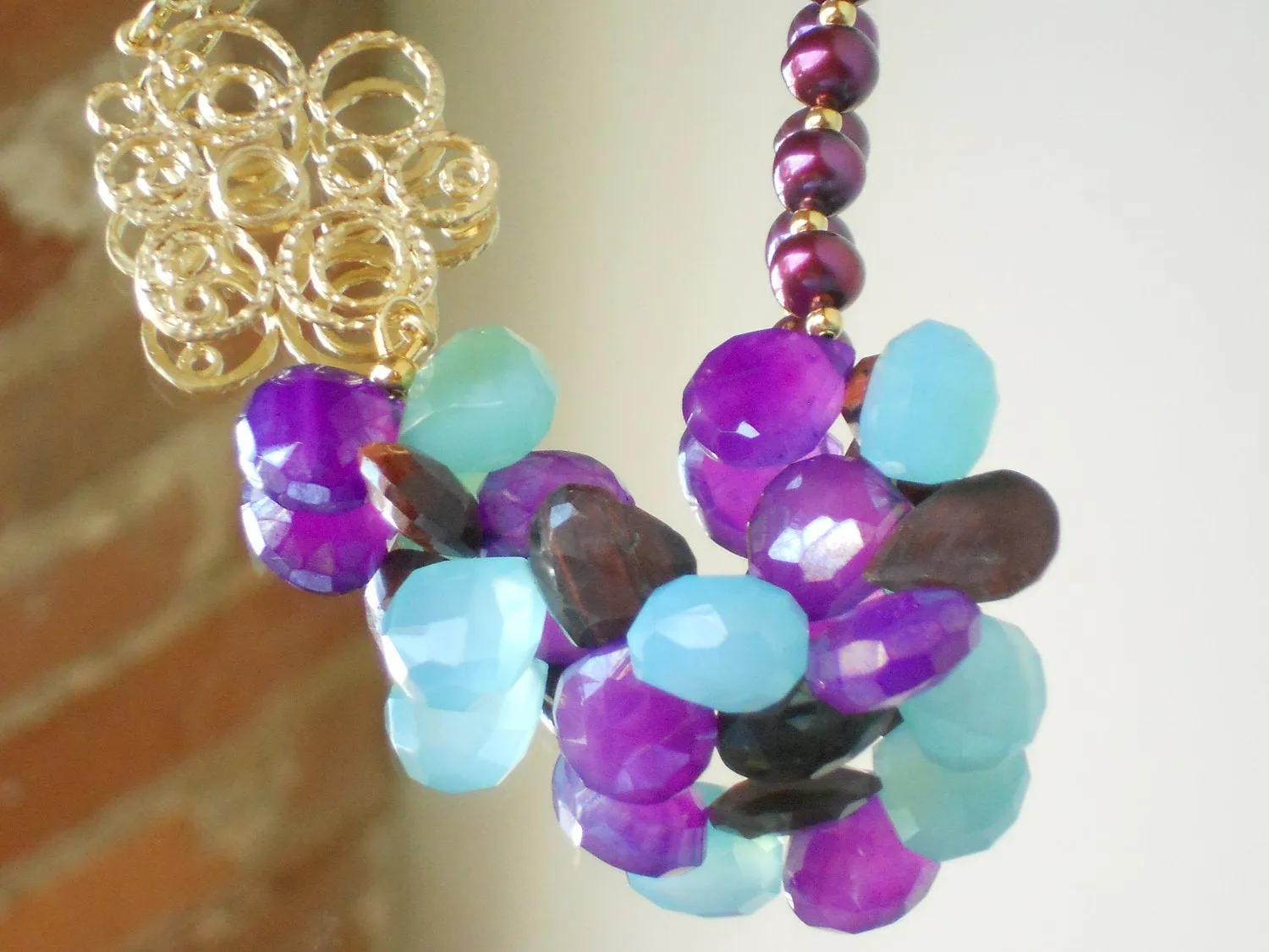 Peruvian Blue Chalcedony and Mystic Amethyst Chalcedony Freshwater Pearl Necklace, Grapes & Grace Dujour
