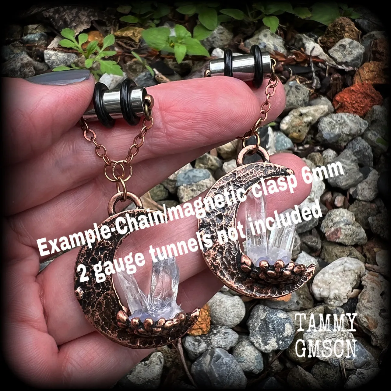 Pink moon and quartz crystal earrings