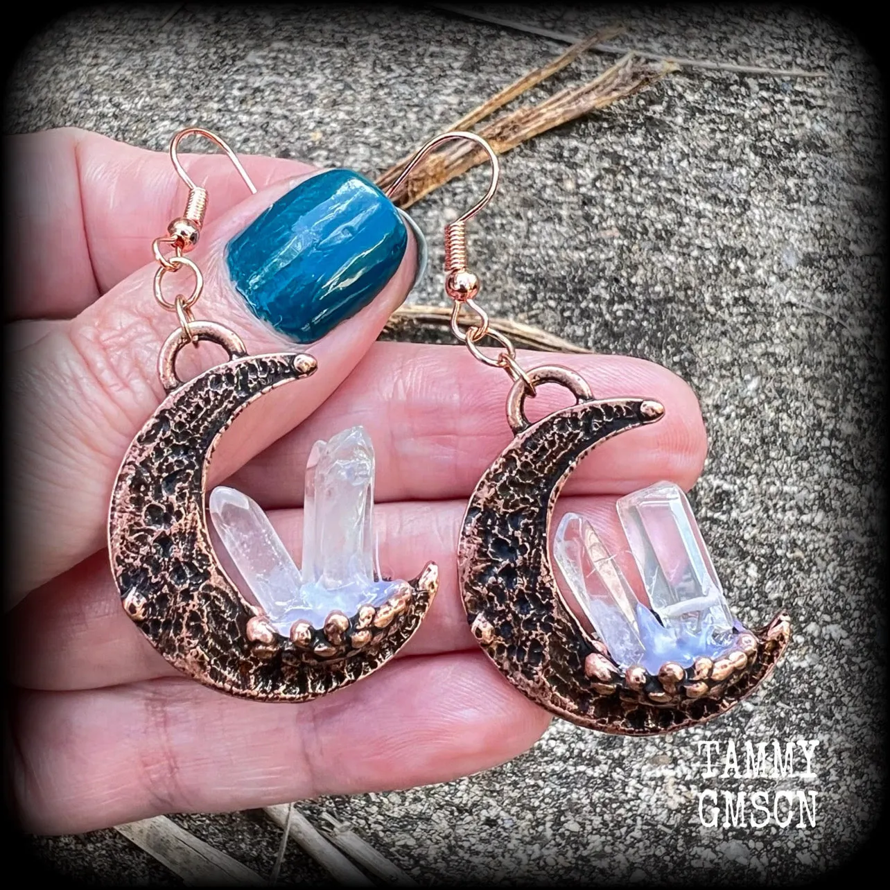 Pink moon and quartz crystal earrings