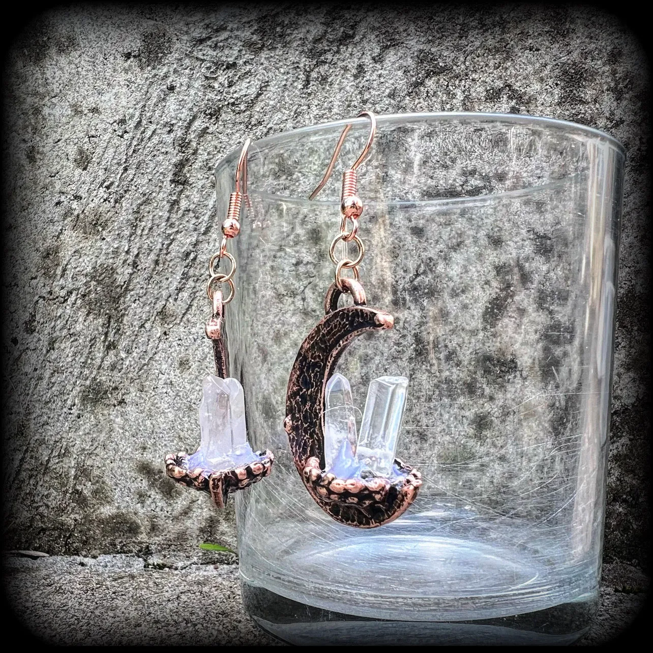 Pink moon and quartz crystal earrings