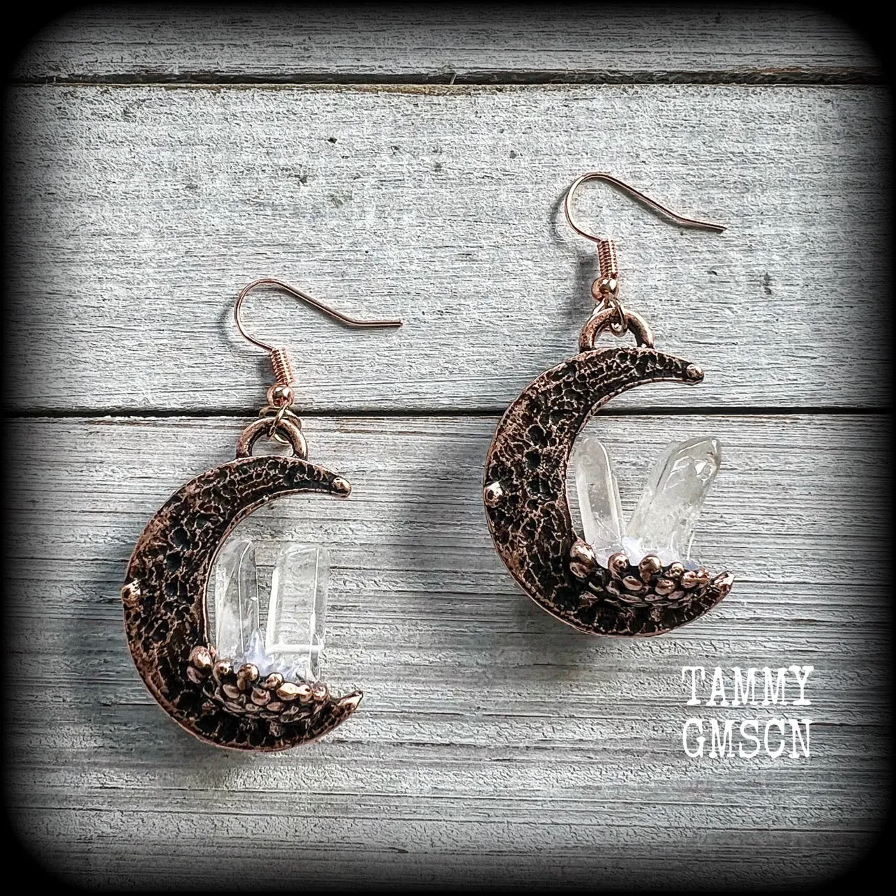 Pink moon and quartz crystal earrings