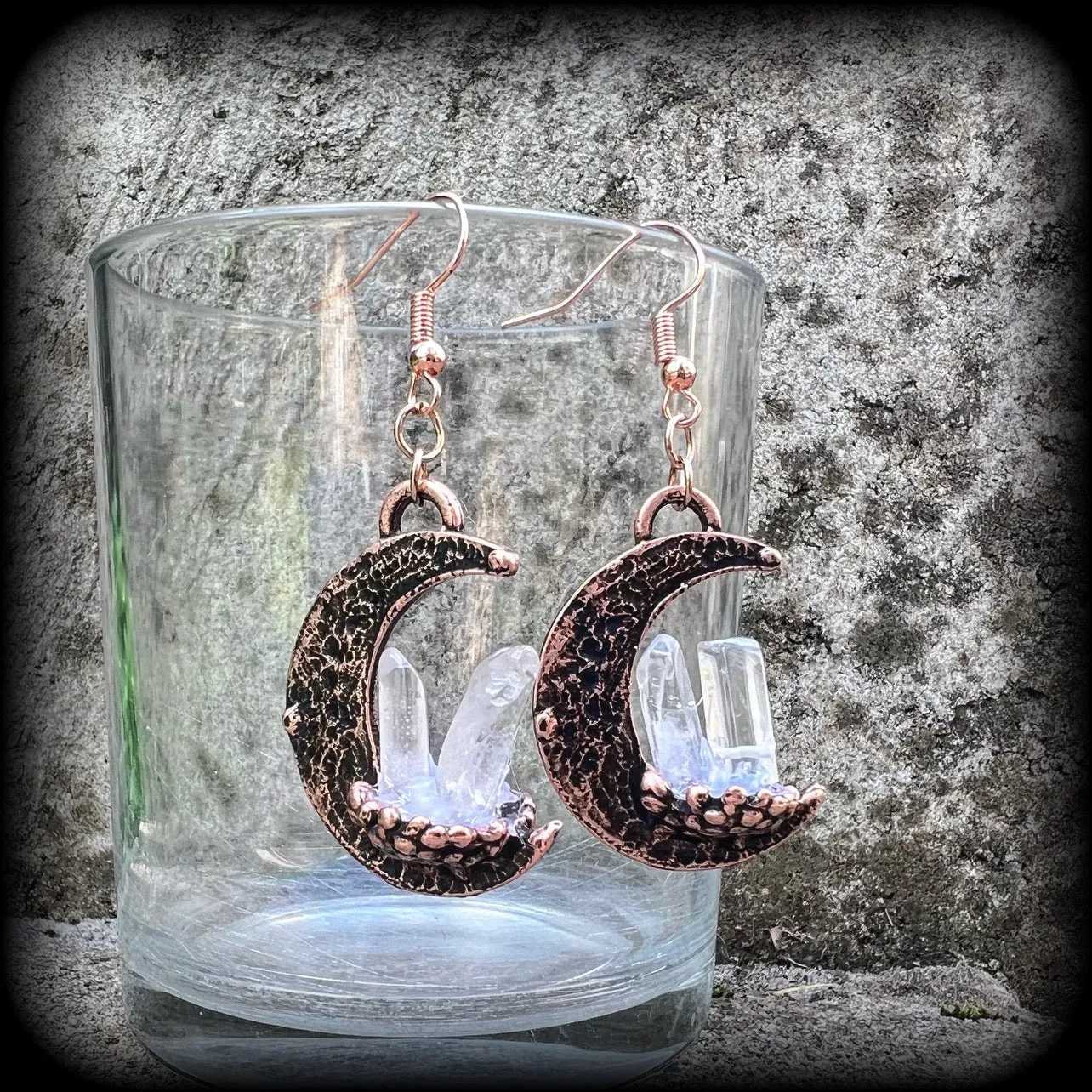 Pink moon and quartz crystal earrings