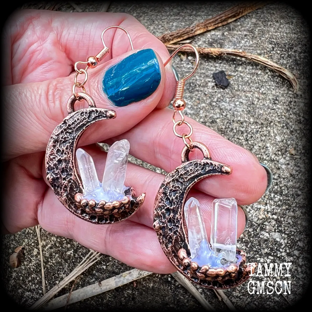 Pink moon and quartz crystal earrings