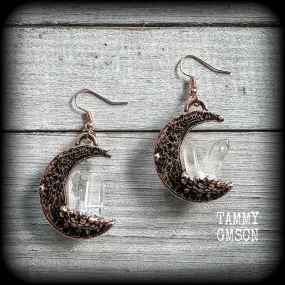 Pink moon and quartz crystal earrings