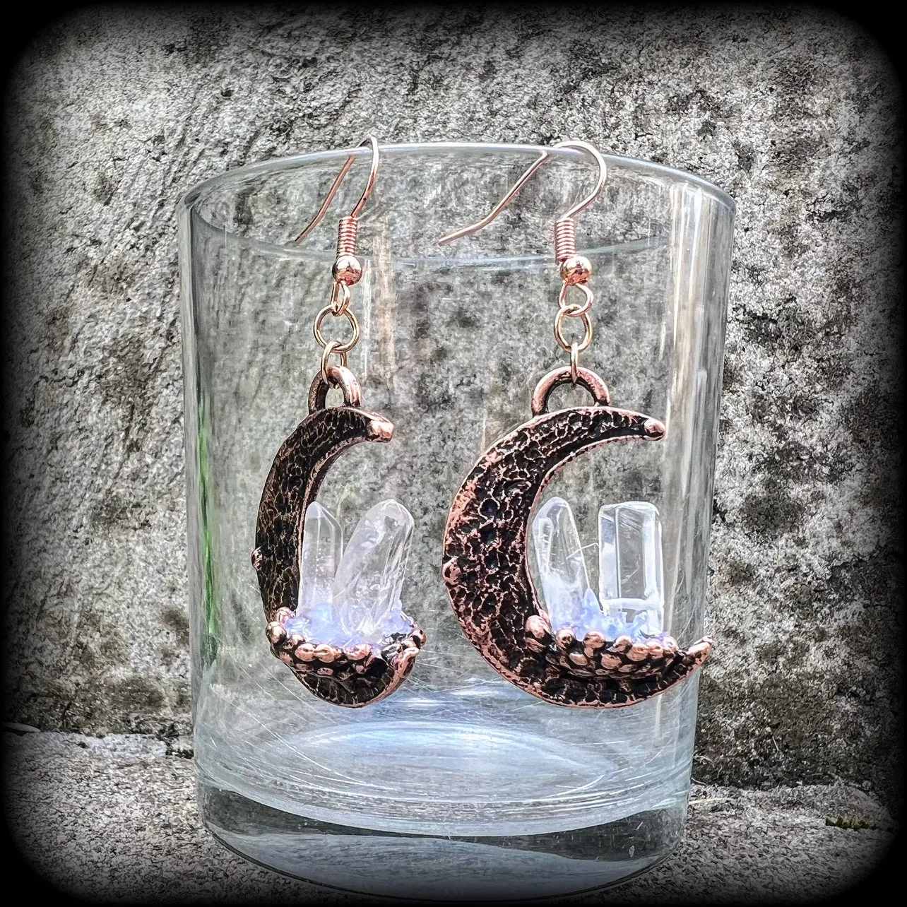 Pink moon and quartz crystal earrings