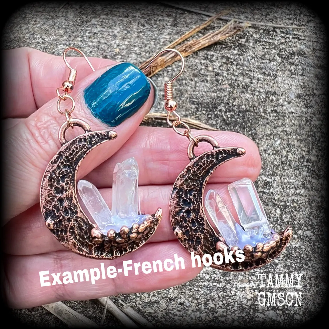 Pink moon and quartz crystal earrings