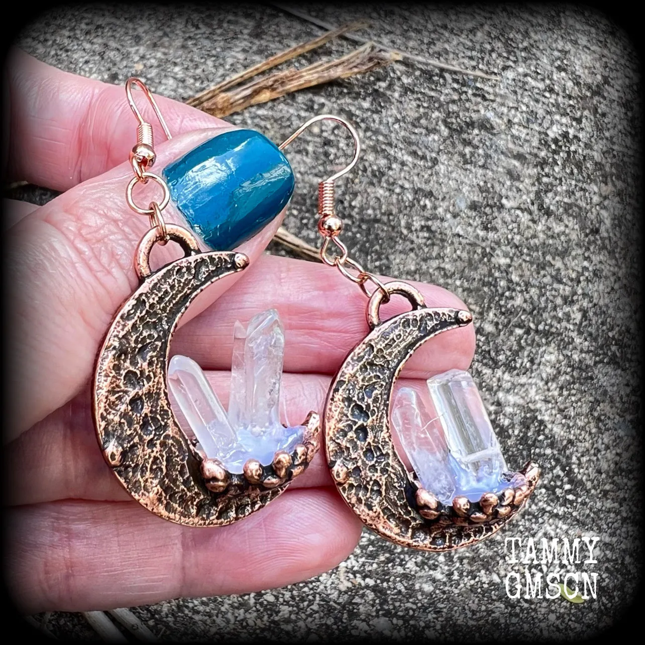 Pink moon and quartz crystal earrings