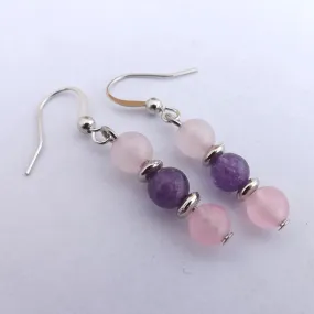 Pink Quartz & Amethyst Semi Precious Gem Bead Earrings