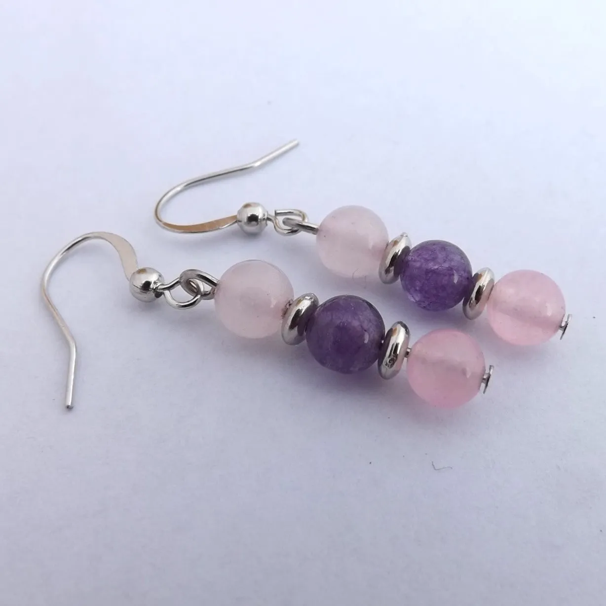 Pink Quartz & Amethyst Semi Precious Gem Bead Earrings